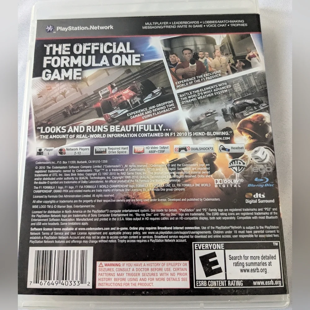 F1 2011 Sony PlayStation 3 PS3 Game Complete With Manual